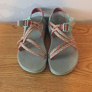 grey and turquoise chacos